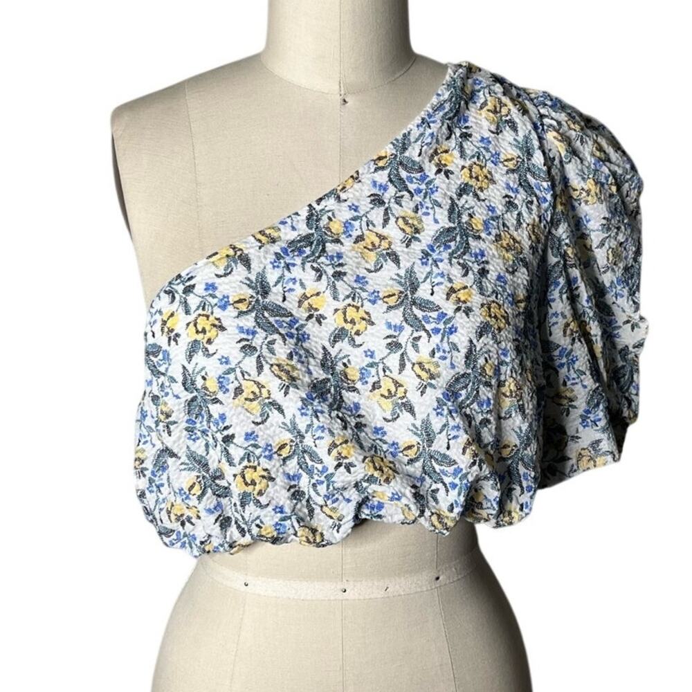 En Saison Floral One-Shoulder Puff Sleeve Crop Top Bubble Hem - Medium